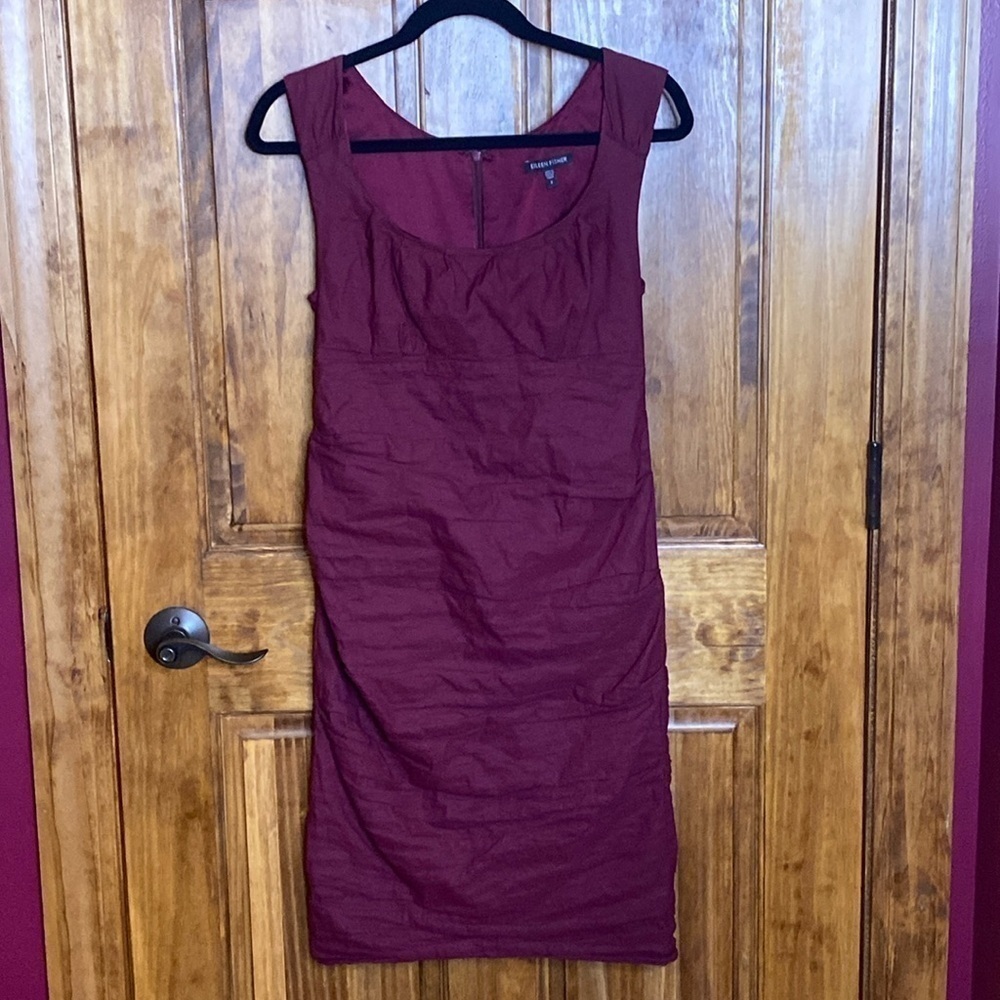 Eileen Fischer Dress sleeveless rouched burgundy empire red wine midi fits 2 4 6 - Picture 7 of 8
